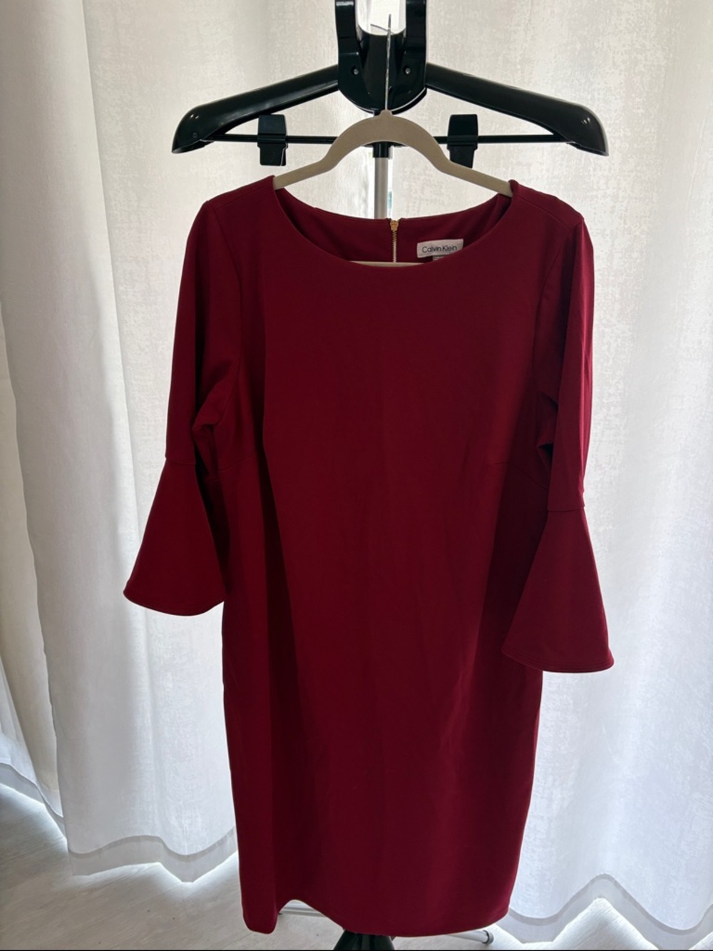 Calvin Klein Burgundy Bell-Sleeve Midi Sheath Dress